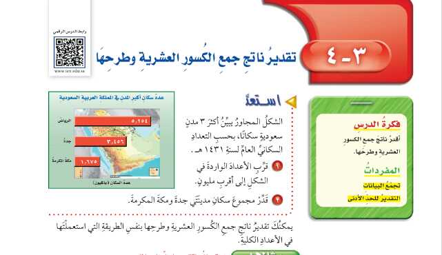 شرح درس تقدير ناتج جمع الكسور العشرية وطرحها رياضيات للصف سادس ابتدائي ف1
