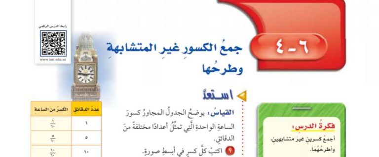 شرح درس جمع الكسور غير المتشابهة وطرحها سادس ابتدائي ف2