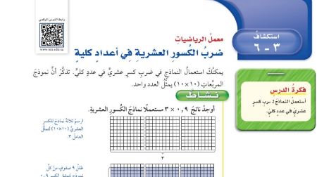 شرح درس استكشاف ضرب الكسور العشرية في أعداد كلية رياضيات للصف سادس ابتدائي ف1