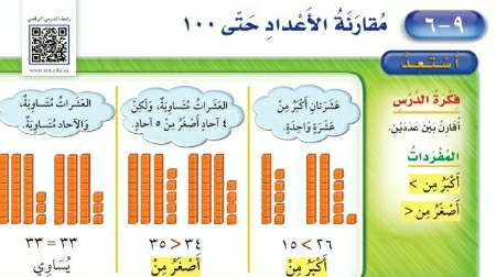 شرح درس مقارنة الأعداد حتى ١٠٠
