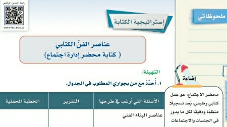 شرح درس إستراتيجية الكتابة عناصر الفن الكتابي كتابة محضر إدارة اجتماع ثالث متوسط ف2