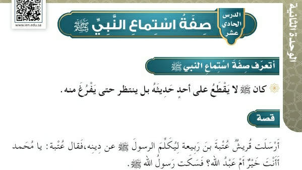 شرح درس صفة استماع النبي صلى الله عليه وسلم حديث وسيرة رابع ابتدائي ف2