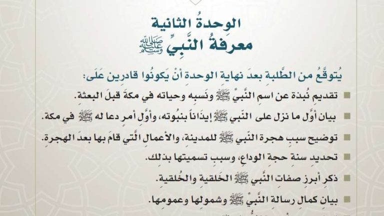 حل الوحدة الثانية معرفة النبي صلى الله عليه وسلم توحيد خامس ابتدائي 1446