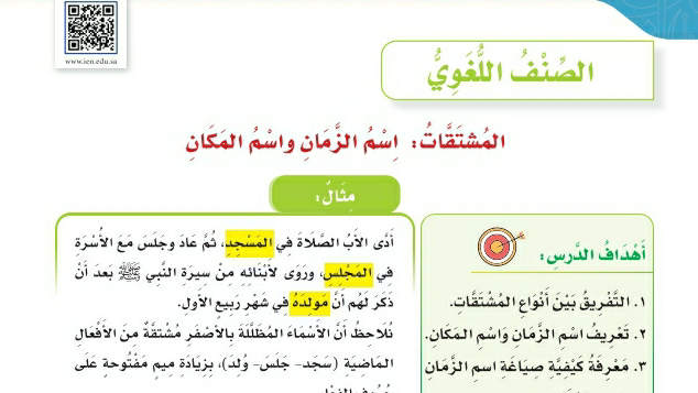 شرح درس الصنف اللغوي المشتقات اسم الزمان واسم المكان سادس ابتدائي ف2